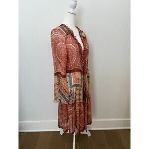 Miss Me Paisley Woven Print Kimono Tie Front Mixed Pattern Large Rust Blue